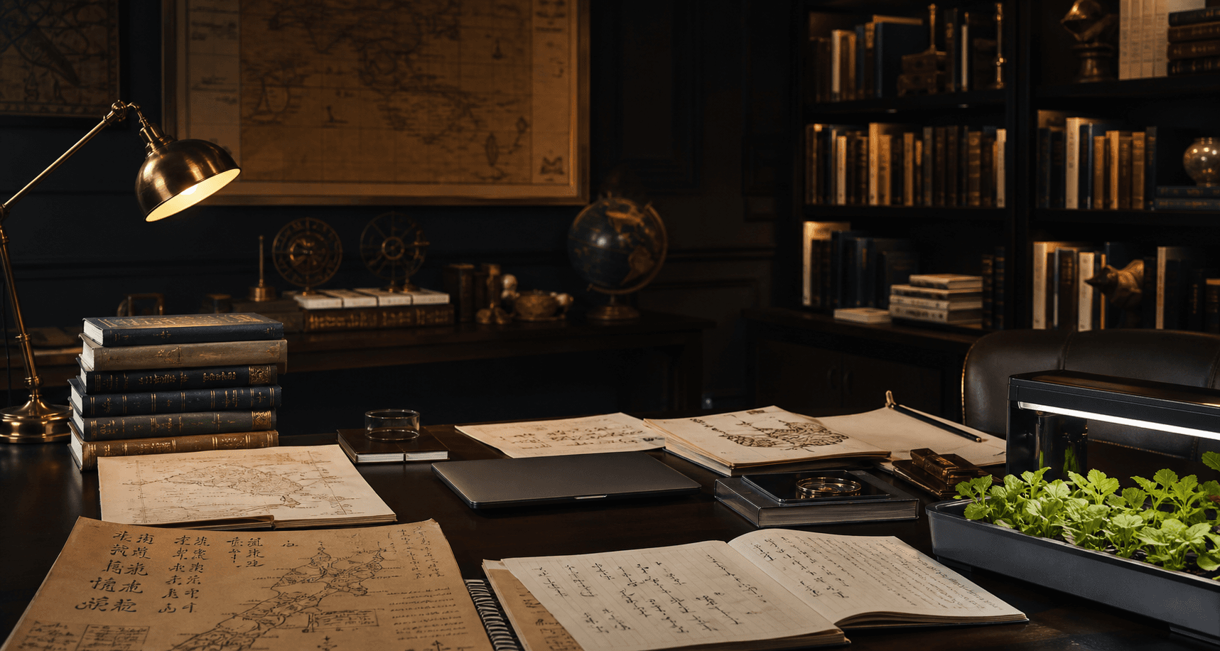 A premium institutional study with manuscripts, books, technology, and agricultural details
